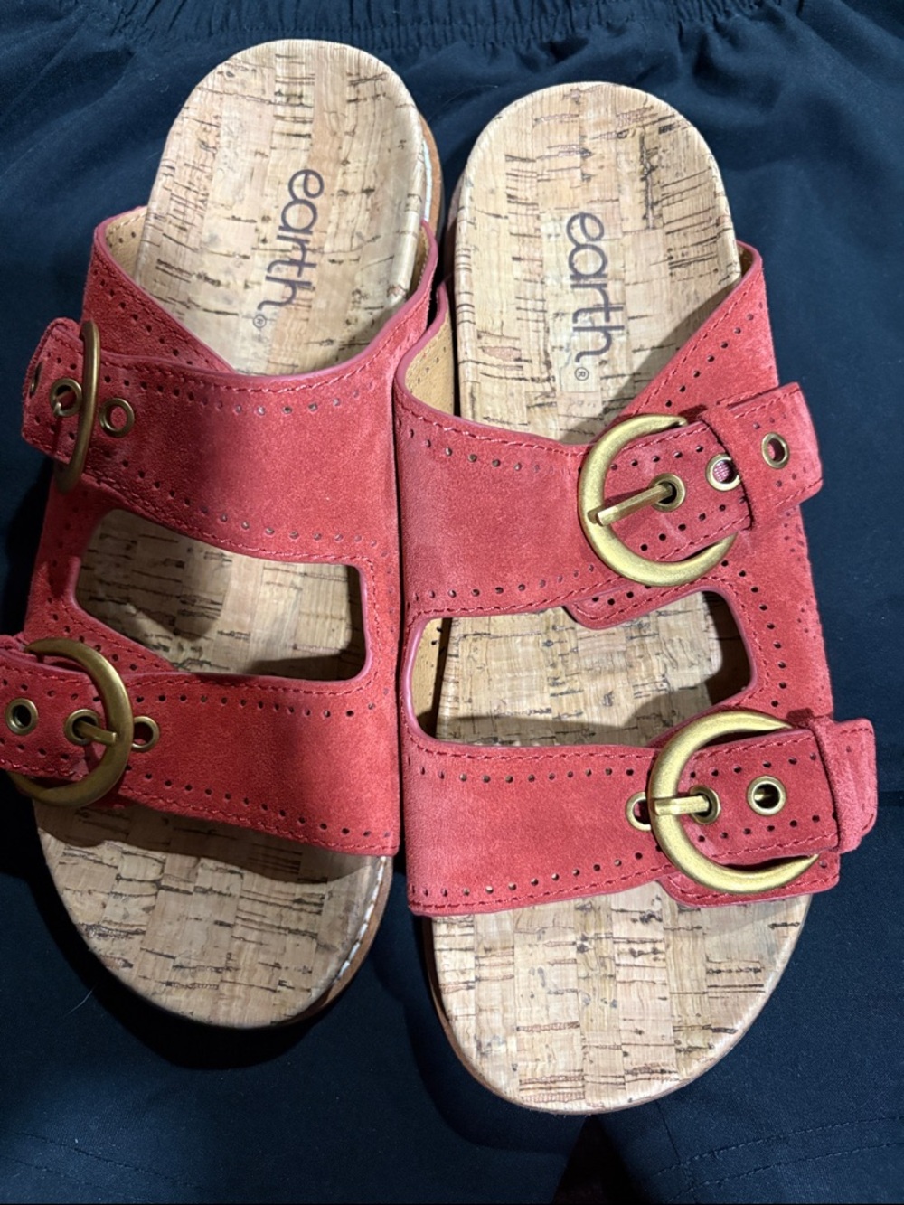 Earth Red Suede Double-Buckle Cork Slide Sandals